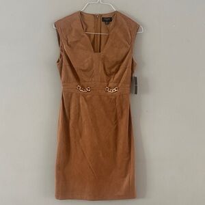 Tahari Chestnut Faux-Suede Midi Dress with Chain Waist Detail